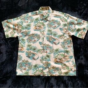 CAMPIA MODA Hawaiian Men's Button Short Sleeve Shirt Teal Multi Cotton XL Boats